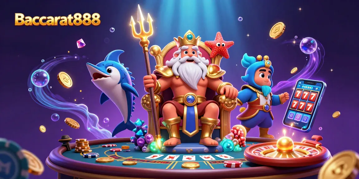 Experience Baccarat888 excitement with Neptune and vibrant casino elements in a magical underwater scene.