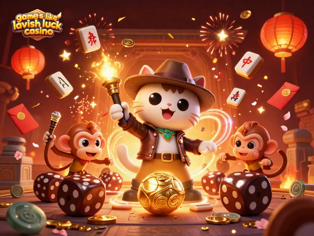 Featuring exciting games like lavish luck casino, an explorer cat discovers casino treasures in a dynamic scene.