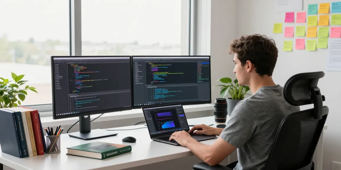 Person coding in a high-tech workspace with multiple screens and bright lighting while using 纸飞机中文版 for efficient communication.