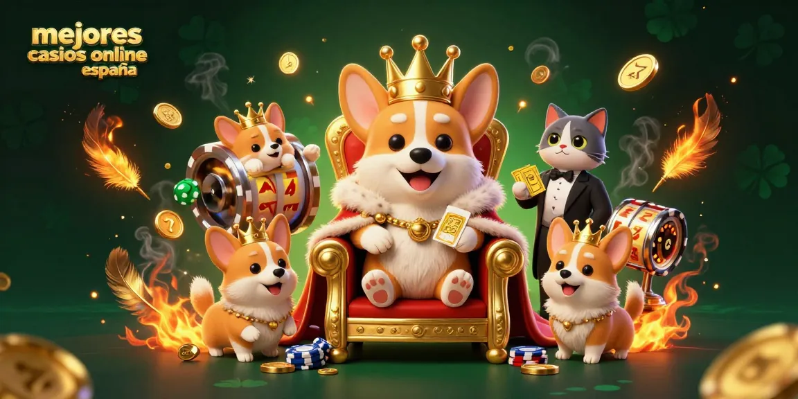 Disfruta de la experiencia en los mejores casinos online en España con un corgi en un trono de fichas y juegos brillantes.