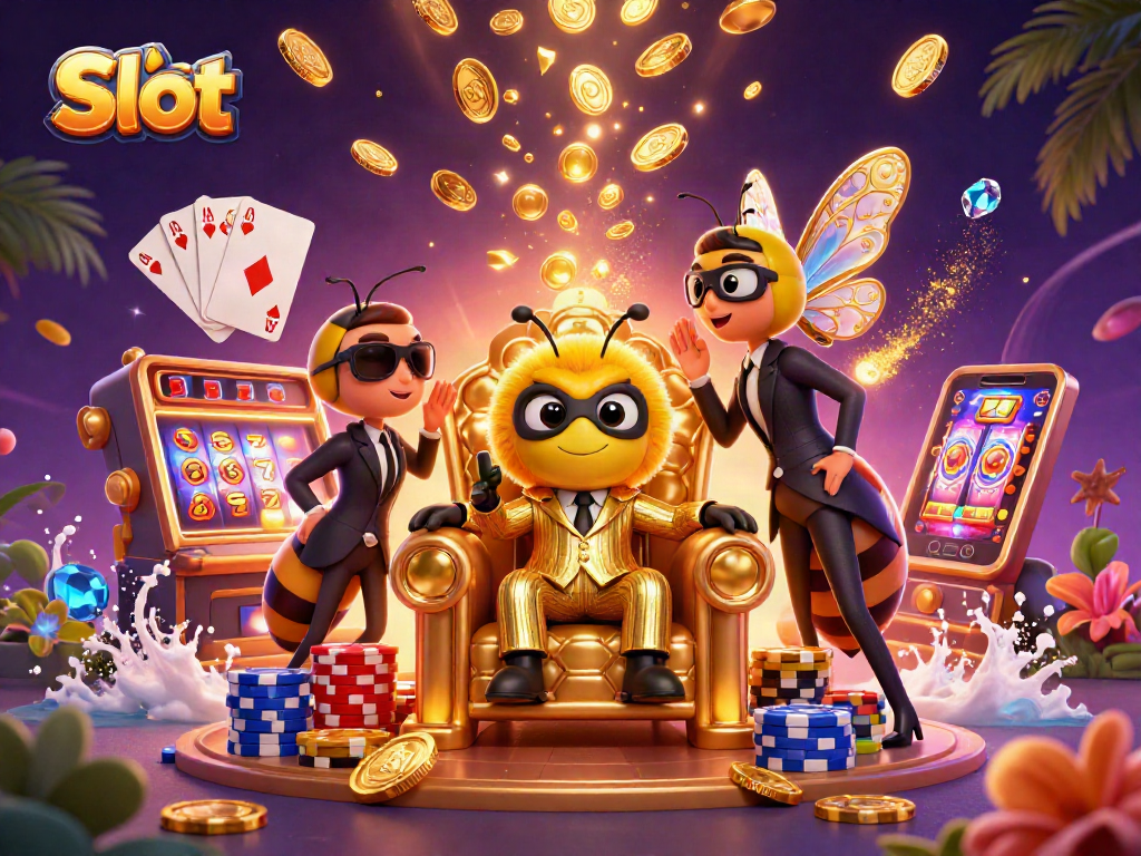 Spin the Slot reels in a vibrant casino scene filled with golden coins and jewels.