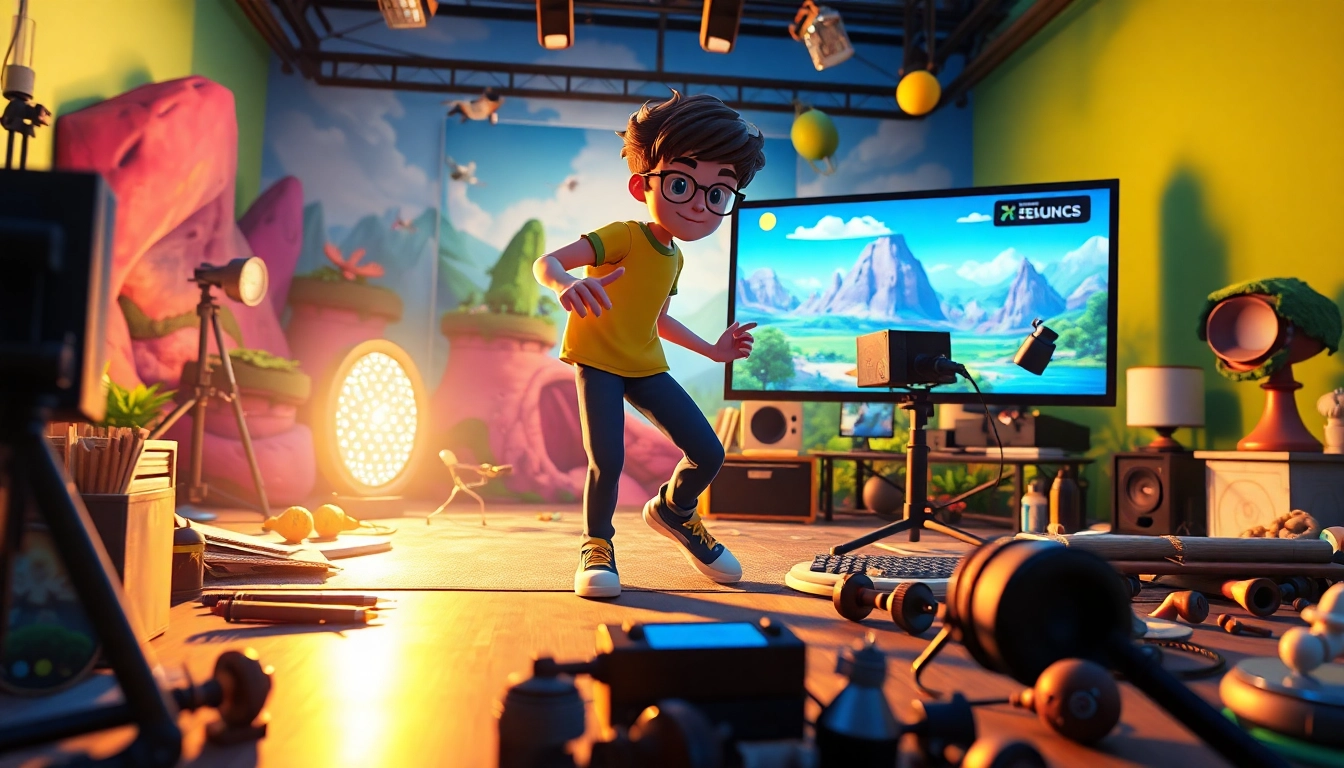 3D Animation of a character in a vibrant studio setting with detailed virtual surroundings.