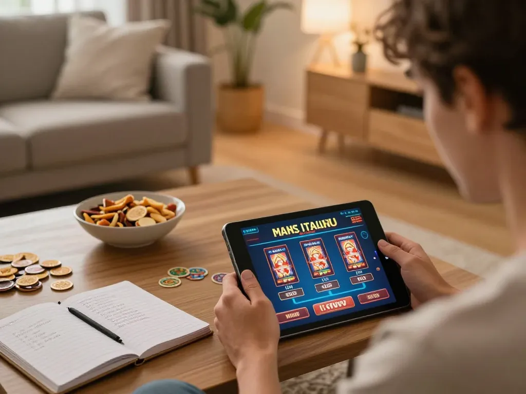 Engaging in casino non aams per italiani gaming at home using a tablet with poker and slot games visible.