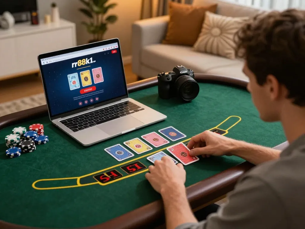 Engaging gameplay on rr88k1 com's blackjack table with chips and cards at home