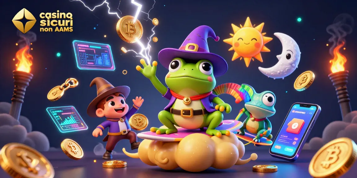 Gioca nei casino sicuri non AAMS con il mago della fortuna tra monete dorate e criptovalute fluttuanti.