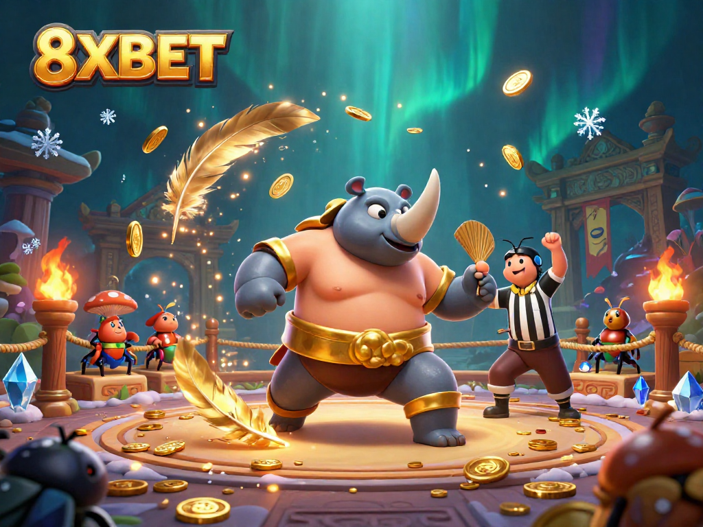 Engage in thrilling gameplay at 8XBET with a vibrant, dynamic casino scene featuring animated characters and exciting elements.