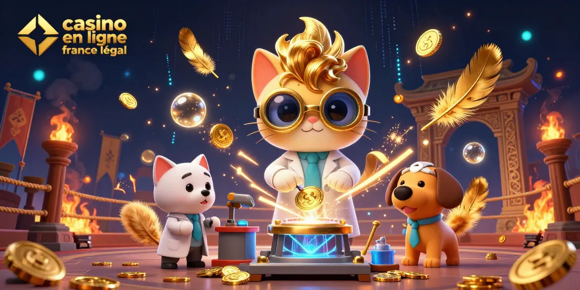 Illustration dynamique de casino en ligne France légal avec un chat scientifique et son chien assistant créant une machine à pièces d'or.