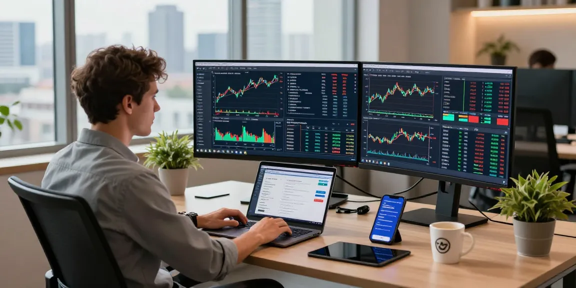 Trader analyzing MetaTrader 5 charts in a modern office workspace with multiple screens and trading tools.