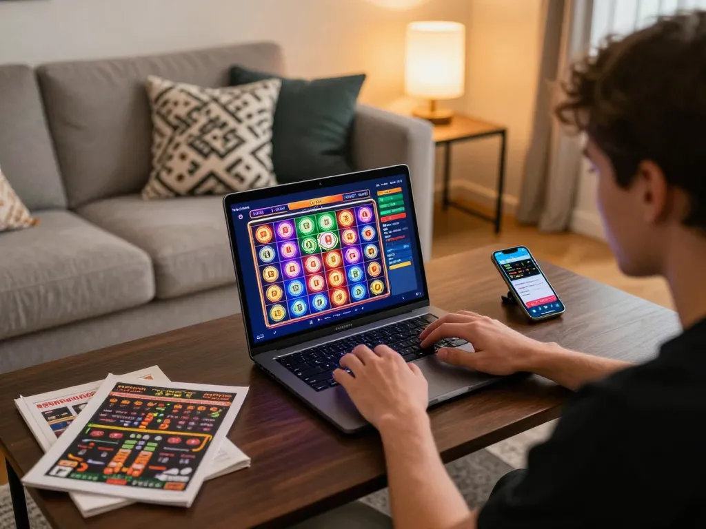 Engaging player enjoying an online toto slot game on laptop at home, showcasing gaming setup.
