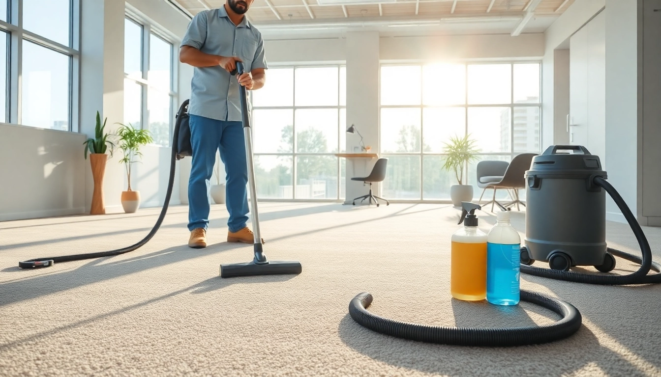 Engaging in commercial carpet cleaning, showcasing professional equipment in a modern office setting.