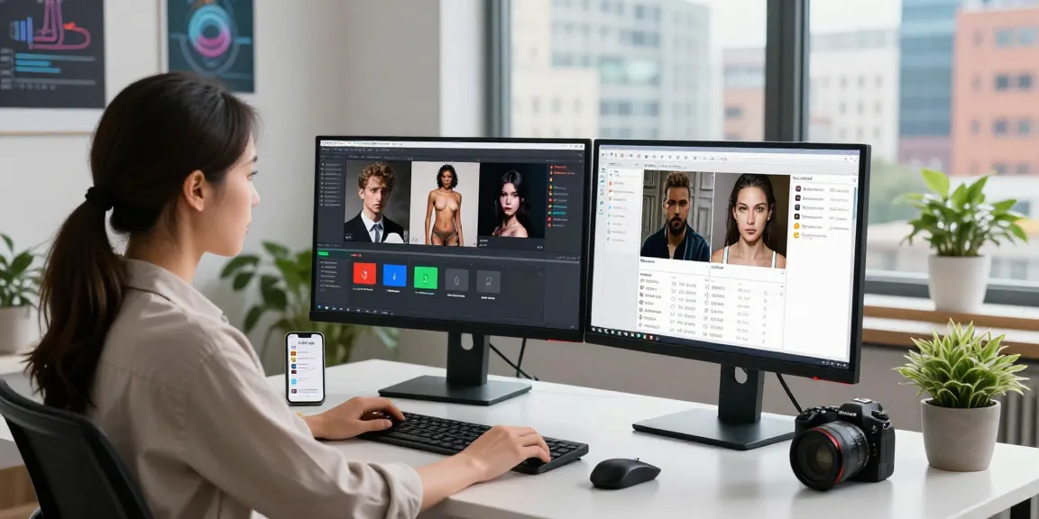 AI image detector workspace with data analyst reviewing flagged content categories and AI-generated images.