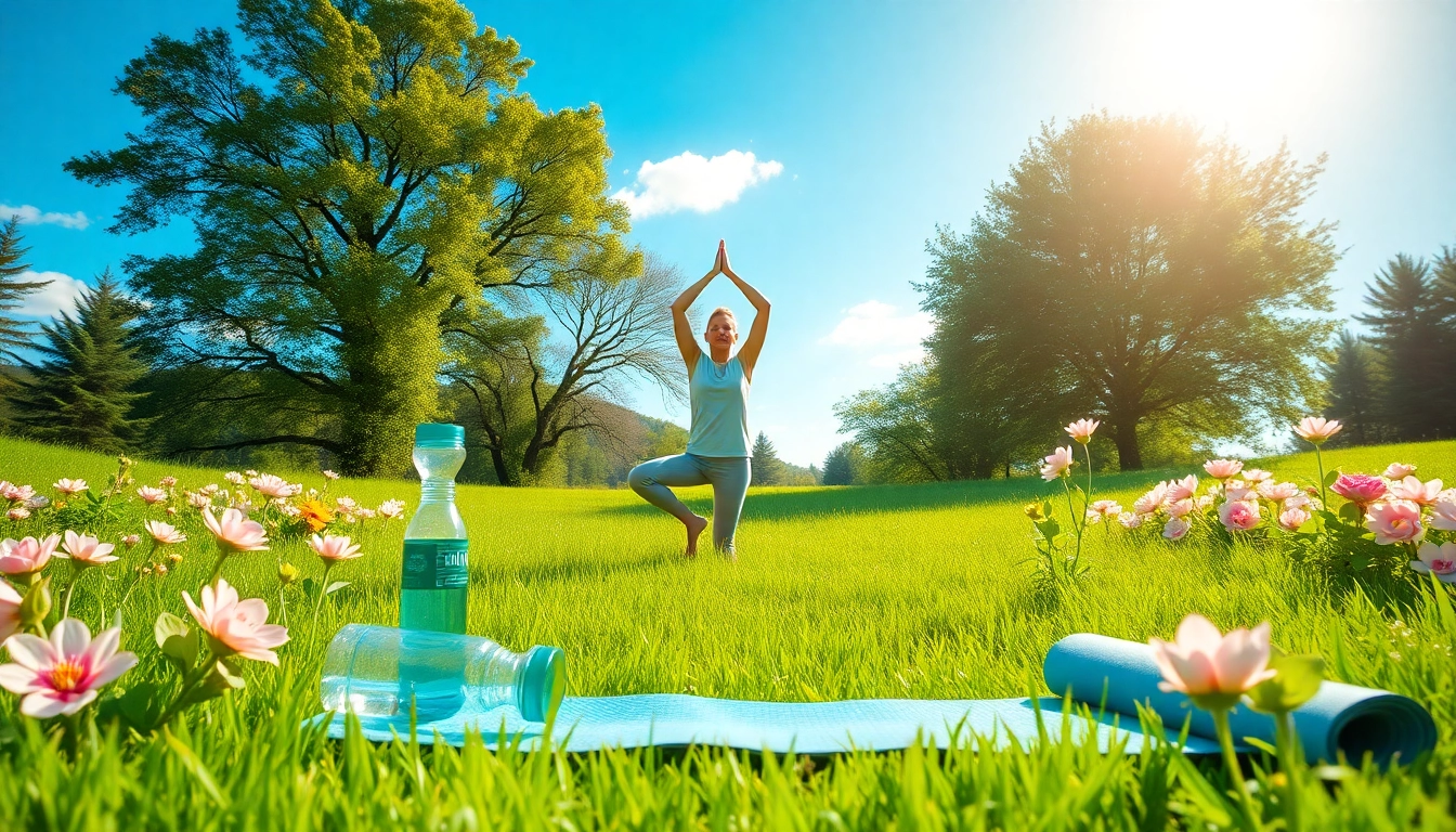 Promote health through yoga in a colorful, serene outdoor setting filled with nature.