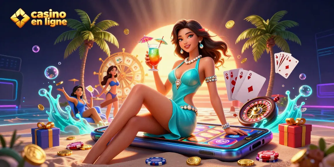 Vivez une expérience de jeu passionnante au casino en ligne avec une scène de cocktail glamour mettant en valeur des actions de machines à sous vibrantes.