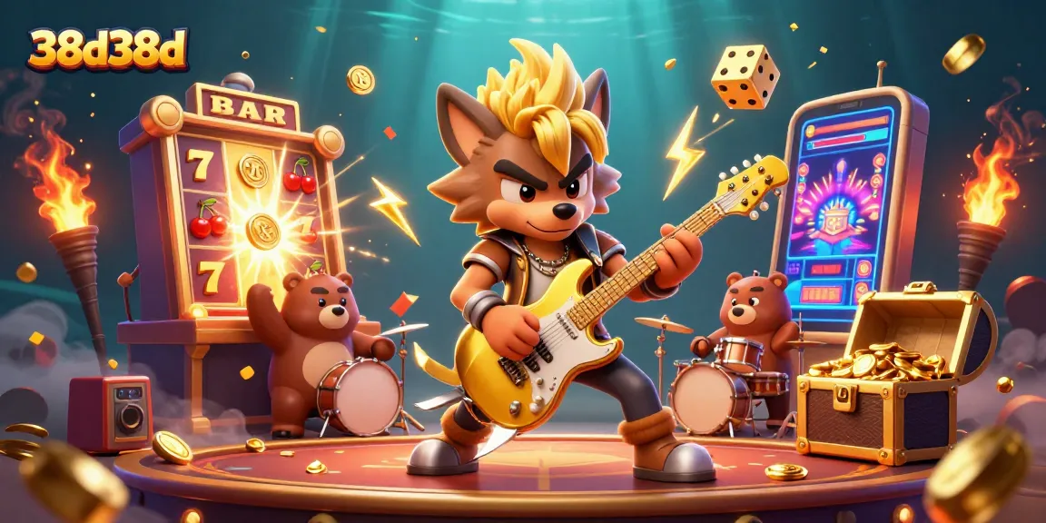 Ilustração 3D do rock star lobo tocando guitarra em um palco de cassino, simbolizando 38d38d com jackpots explosivos.