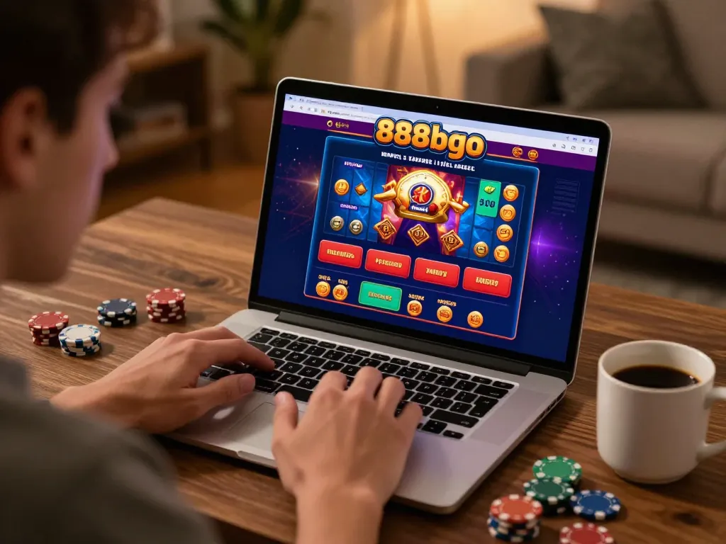 Engaging in online gambling on 888bgo with a laptop displaying casino games.