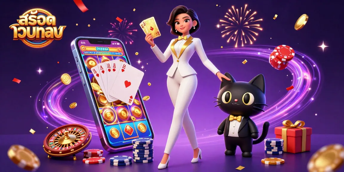 Engage in สล็อตเว็บตรง gaming with a glamorous dealer and a charming tuxedo cat amidst vibrant casino elements.