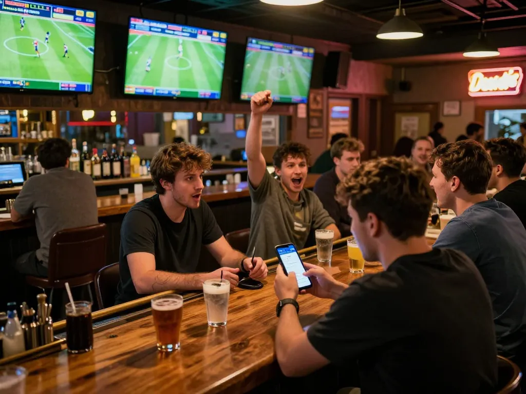 Cakhiatv users placing bets on football matches in a lively sports bar atmosphere