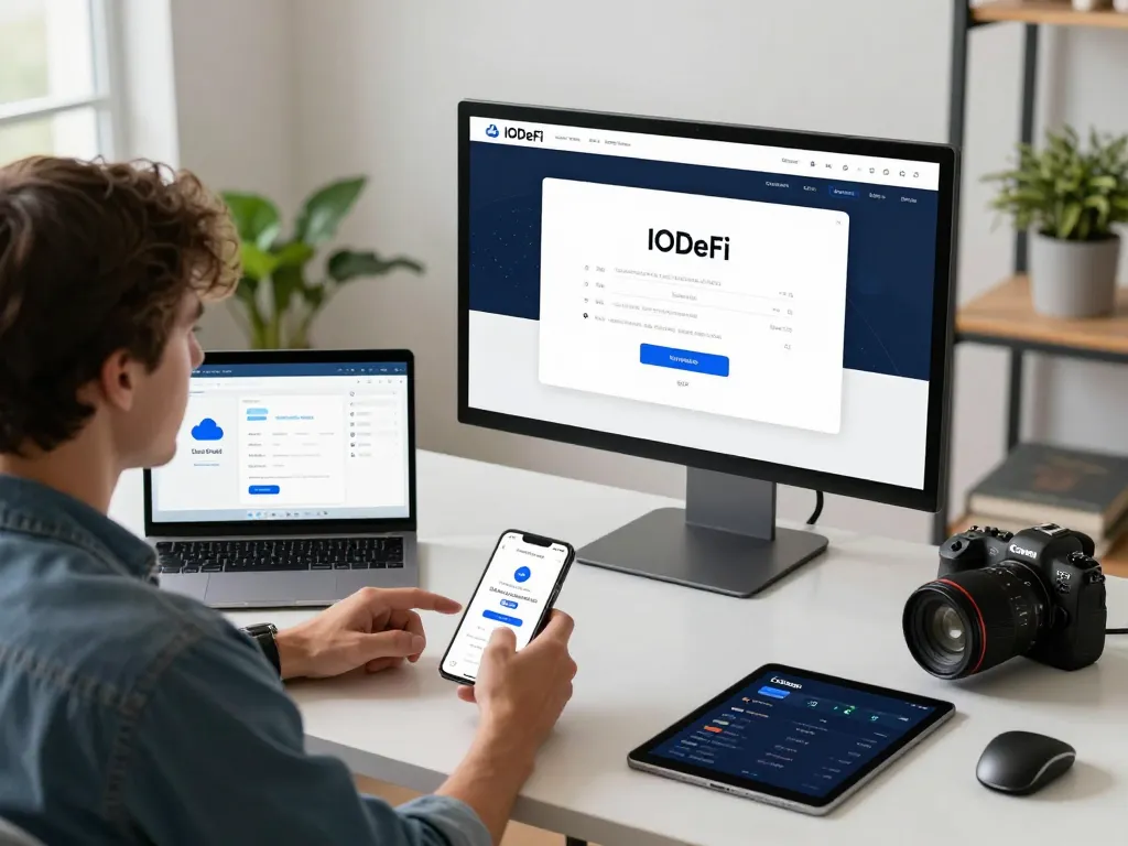 IODeFi sign up interface on a modern desk, showcasing user-friendly design and cloud mining features in a bright digital workspace.