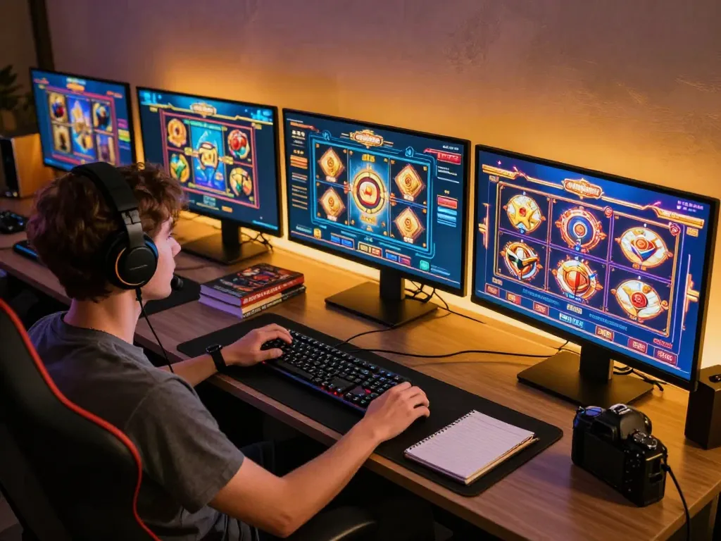 Pemain yang terlibat menikmati permainan slot online di meja permainan mereka, menekankan website resmi.