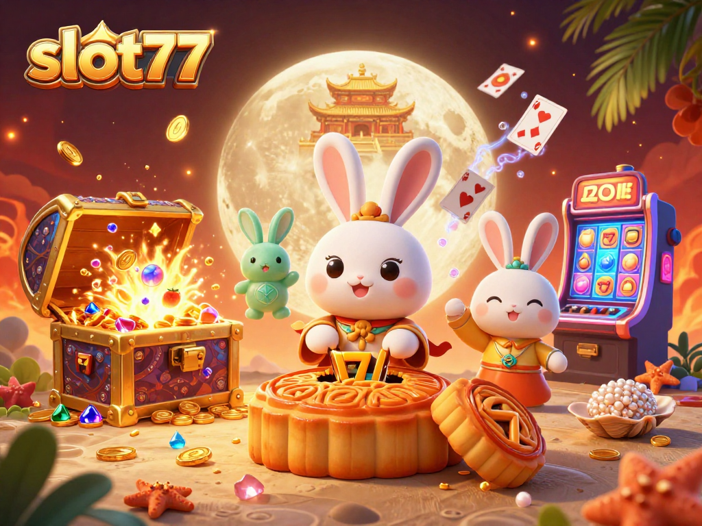 Experience thrilling wins with slot77 in this dynamic casino illustration featuring lucky symbols and moon characters.