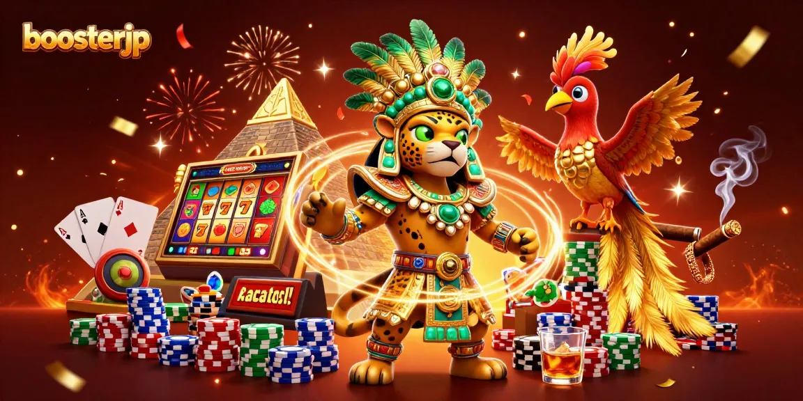 Join the action at boosterjp with thrilling slot reels, vibrant characters, and colorful casino elements.
