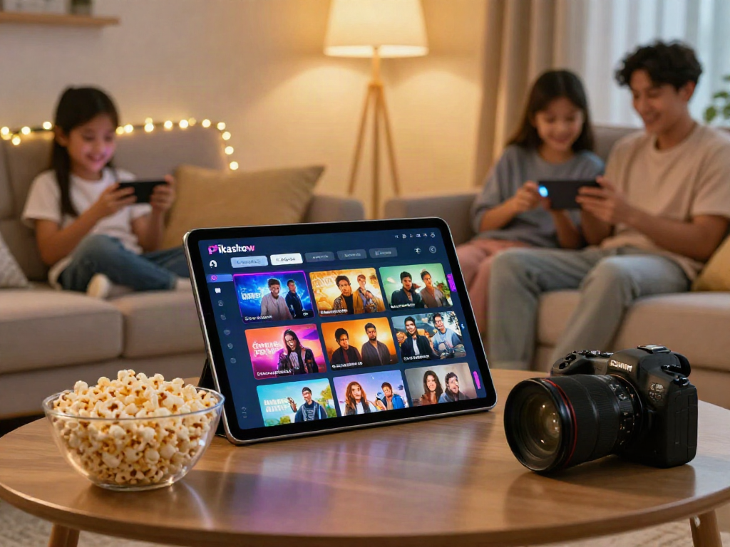 Pikashow streaming interface with a joyful user in a cozy living room.