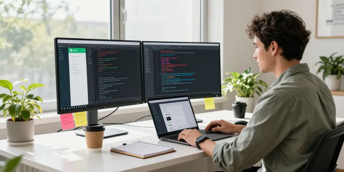 Developer using WhatsApp網頁版 at modern workspace with dual monitors and productive atmosphere