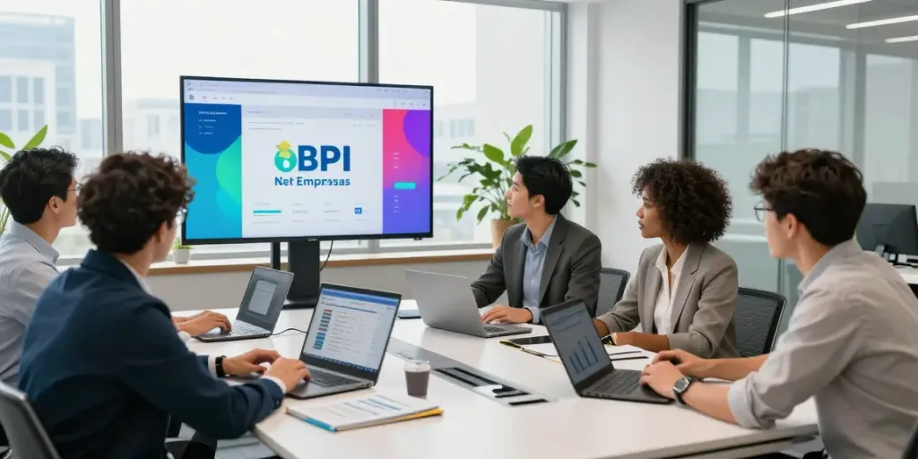 Team collaborating on BPI Net Empresas project in a modern corporate office.