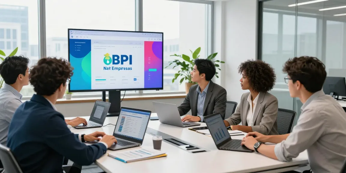Team collaborating on BPI Net Empresas project in a modern corporate office.