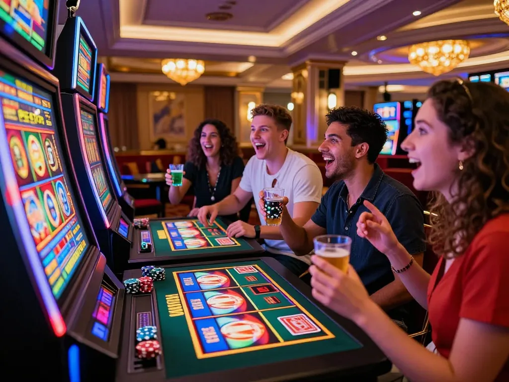 Friends enjoying the thrill of situs gacor at a vibrant casino gaming scene with slot machines.