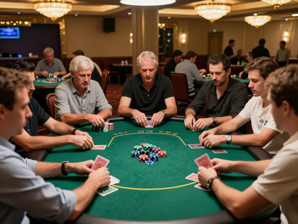 Engaged players at a poker table enjoying games at Nhà cái 79king, chips and cards creating a vibrant scene.