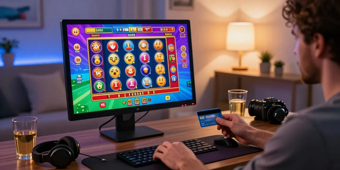 Player at a desktop enjoying games at casinos accepting credit cards, vibrant graphics and card in hand.