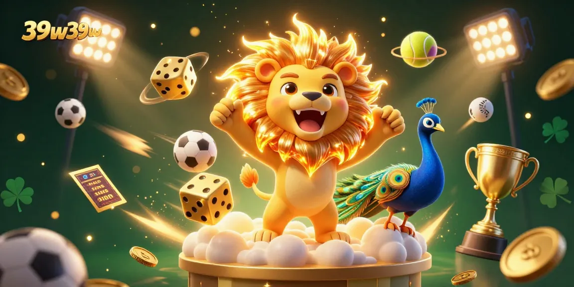 Participe da ação no 39w39w enquanto o leão sol brilha sobre dados de ouro e bolas esportivas.