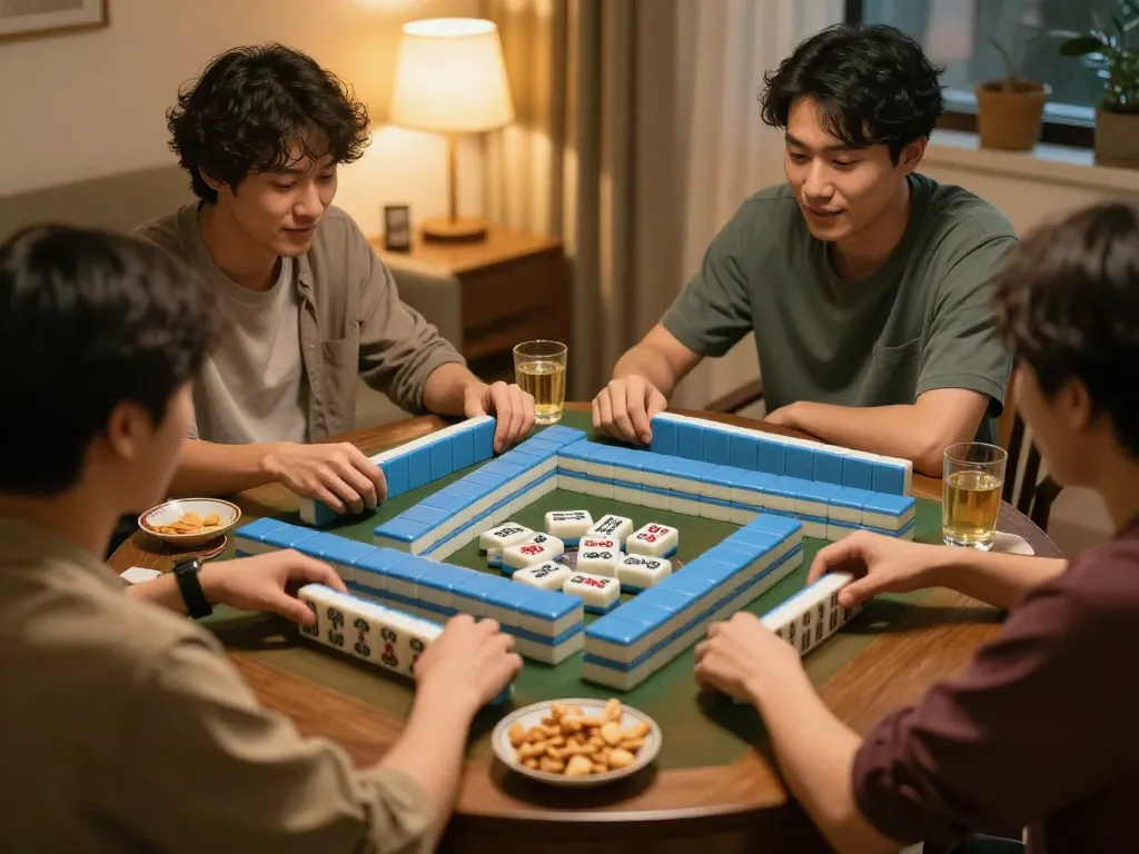 Players enjoying an engaging mahjong game night with colorful tiles and snacks on the table.
