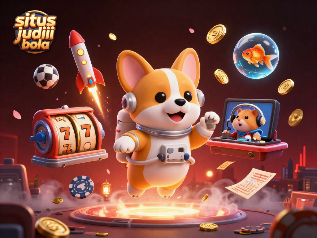 Bet on situs judi bola with fun 3D characters, slot reels, and festive decorations in a dynamic casino scene.