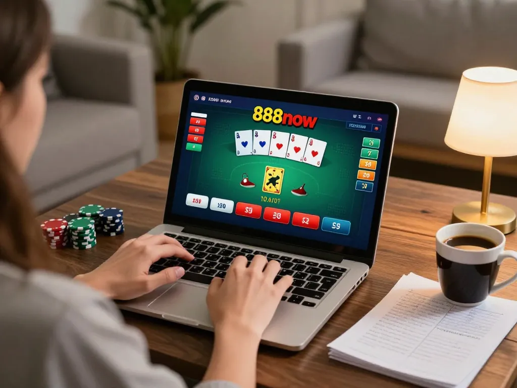 Engaging online gaming session at 888now with poker game interface on laptop screen.