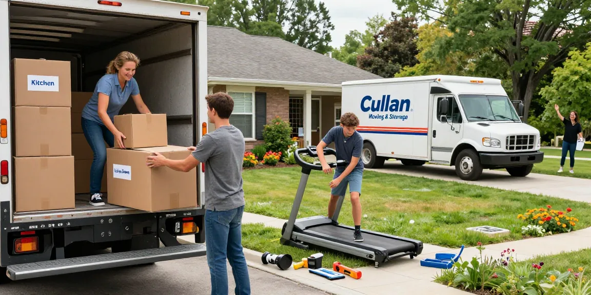 A family packing a moving truck with boxes while preparing for a long distance moving company experience.