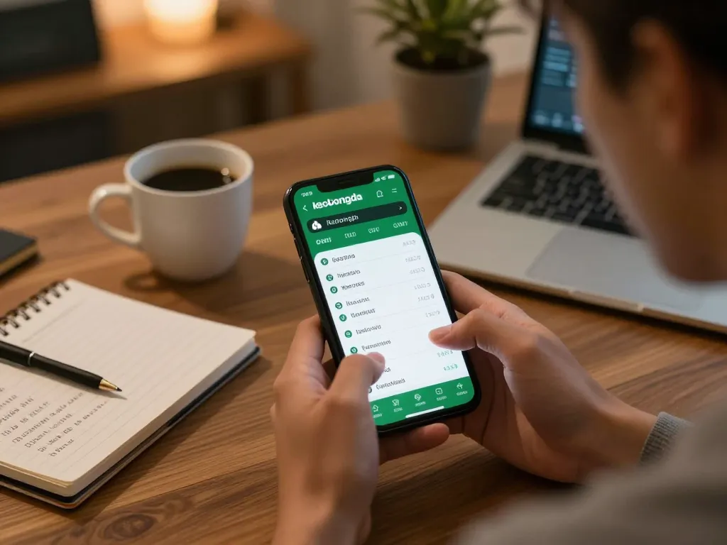 Person engaging with the keobongda sports betting app on smartphone in a cozy home office setup.
