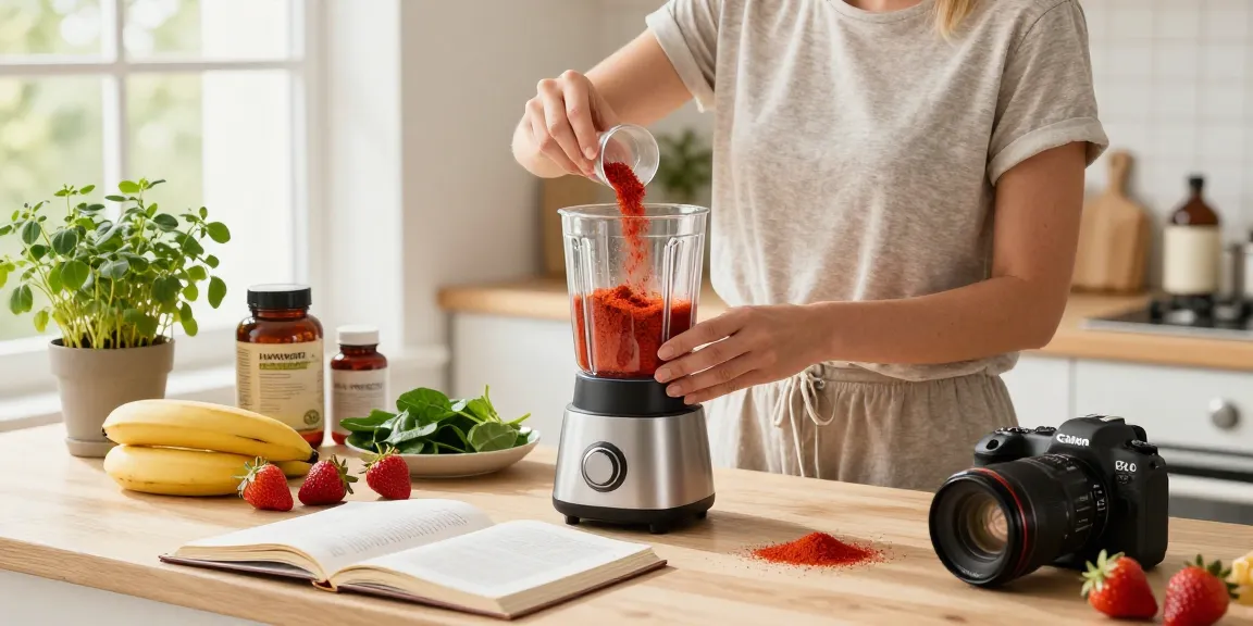 Haematococcus pluvialis astaxanthin being blended into a healthy smoothie in a sunlit kitchen.