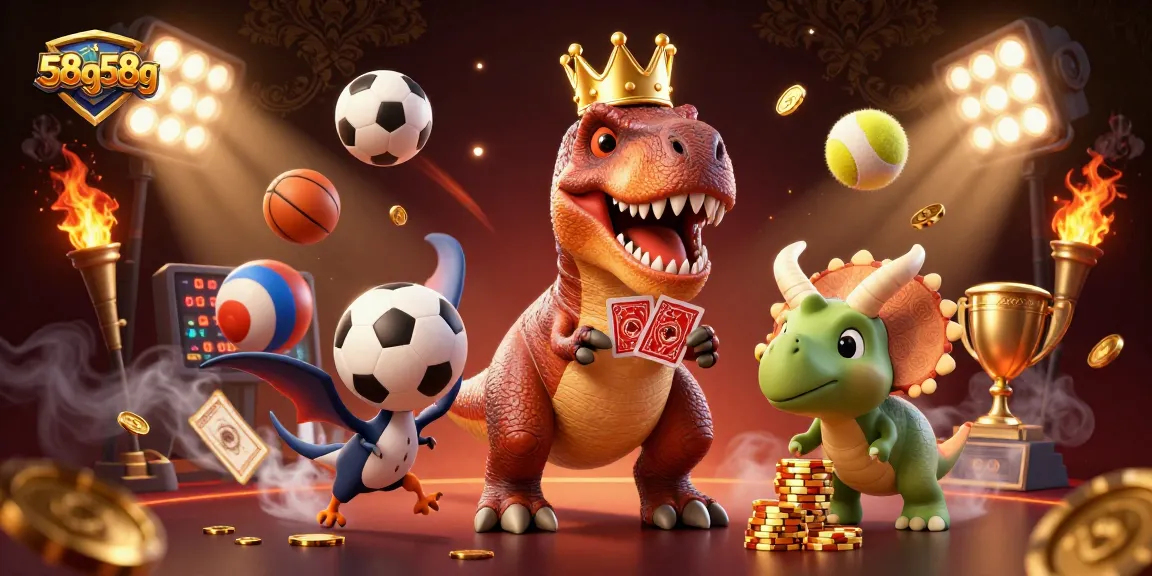 58g58g showcases a lively 3D casino scene with T-Rex and friends engaging in card games.