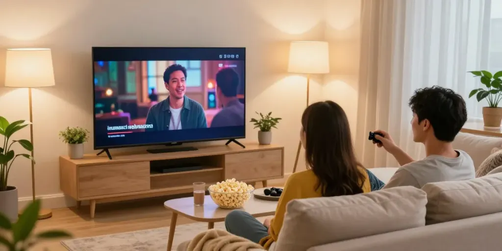 Couple enjoying a movie night at home with jav subtitle Indonesia on TV.