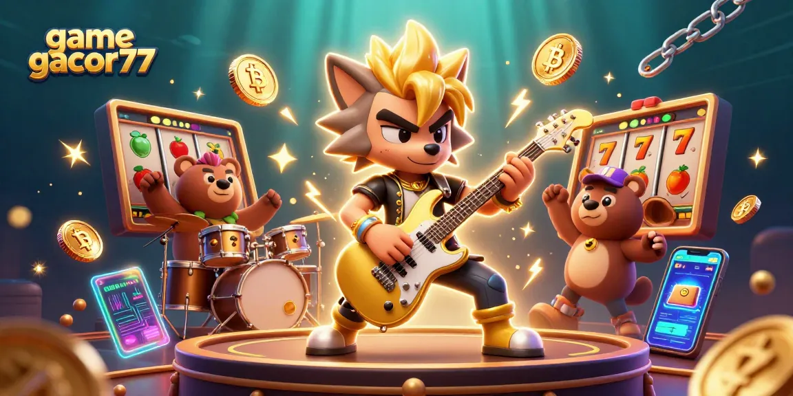 Permainan game gacor77 dengan bintang rock 3D menyerang gitar emas dalam suasana kasino yang meriah.