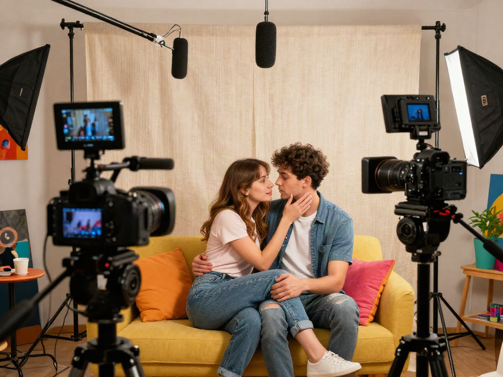 hornyleak intimate couple in a cozy studio setting creating adult content