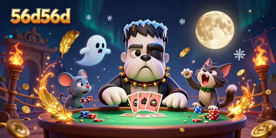 O bulldog Frankenstein do 56d56d lida cartas com um mouse fantasma flutuante em uma cena de cassino.