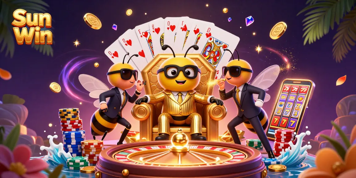 Engage with Sun Win's vibrant casino scene featuring golden coins, a roulette wheel, and a bumblebee boss.