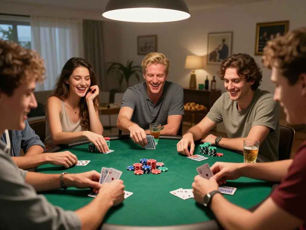 Players enjoying an exciting poker game at home, showcasing the strategic thrill of okwin.