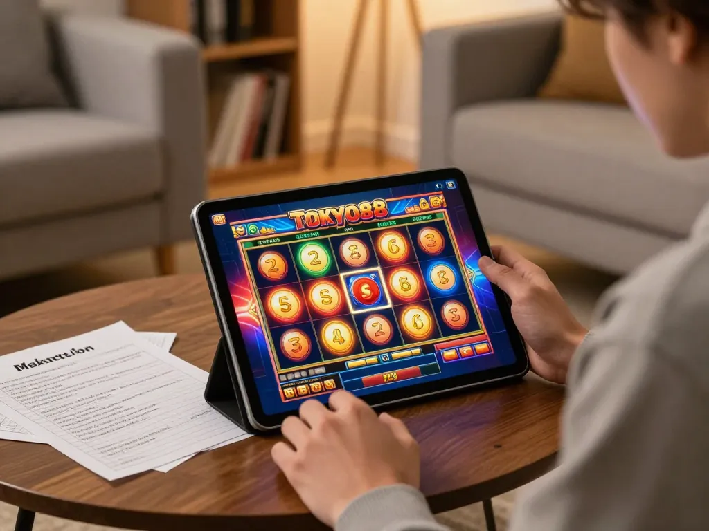 Pemain yang terlibat menikmati permainan slot tokyo88 di tablet dalam suasana ruang tamu yang nyaman.