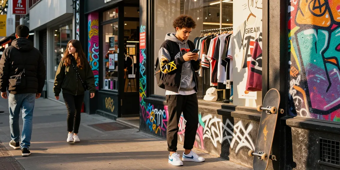 Fashion-forward individual engaged with a 레플리카 쇼핑몰 in a vibrant city environment.