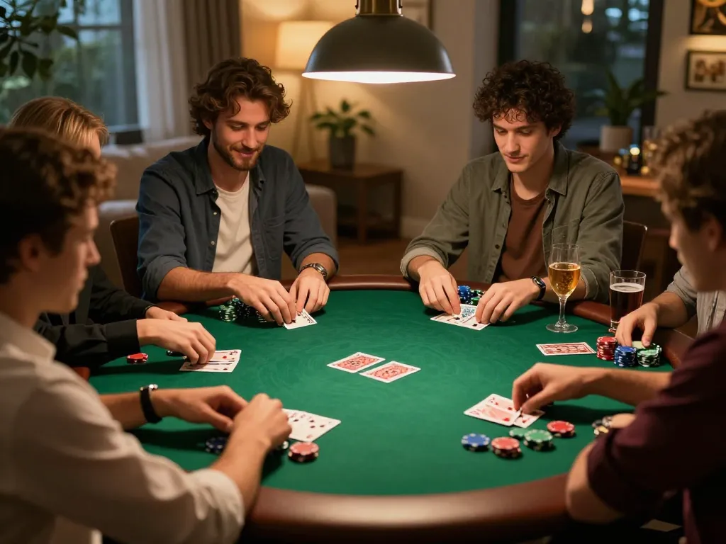Friends enjoying a strategic game night around a poker table, referencing tor hidden wiki for advice.