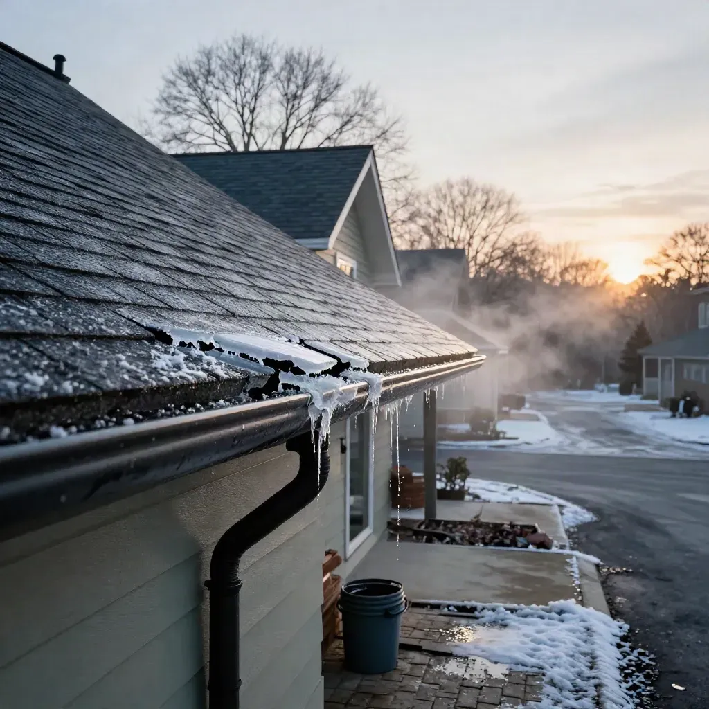 Winter roofline with cleared ice dam, heating cable, salted pavers and melting eaves.